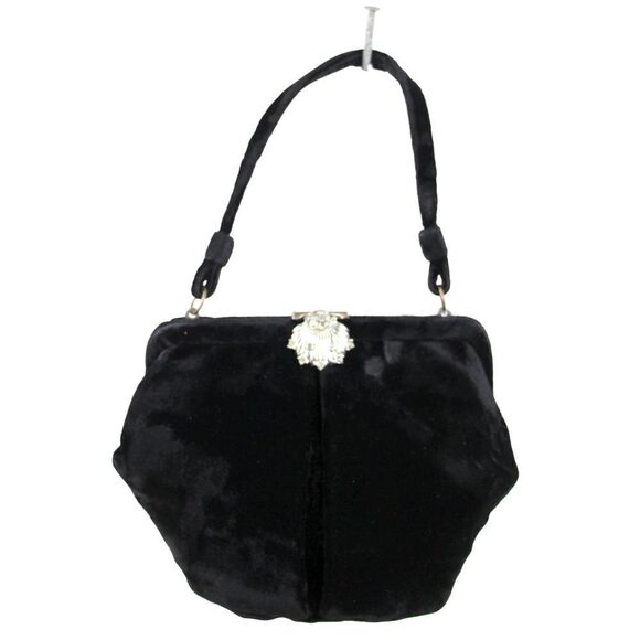 VINTAGE PEGI PARIS BLACK VELVET TOP HANDLE FRAME CLASP SATCHEL HANDBAG PURSE - Picture 1 of 12
